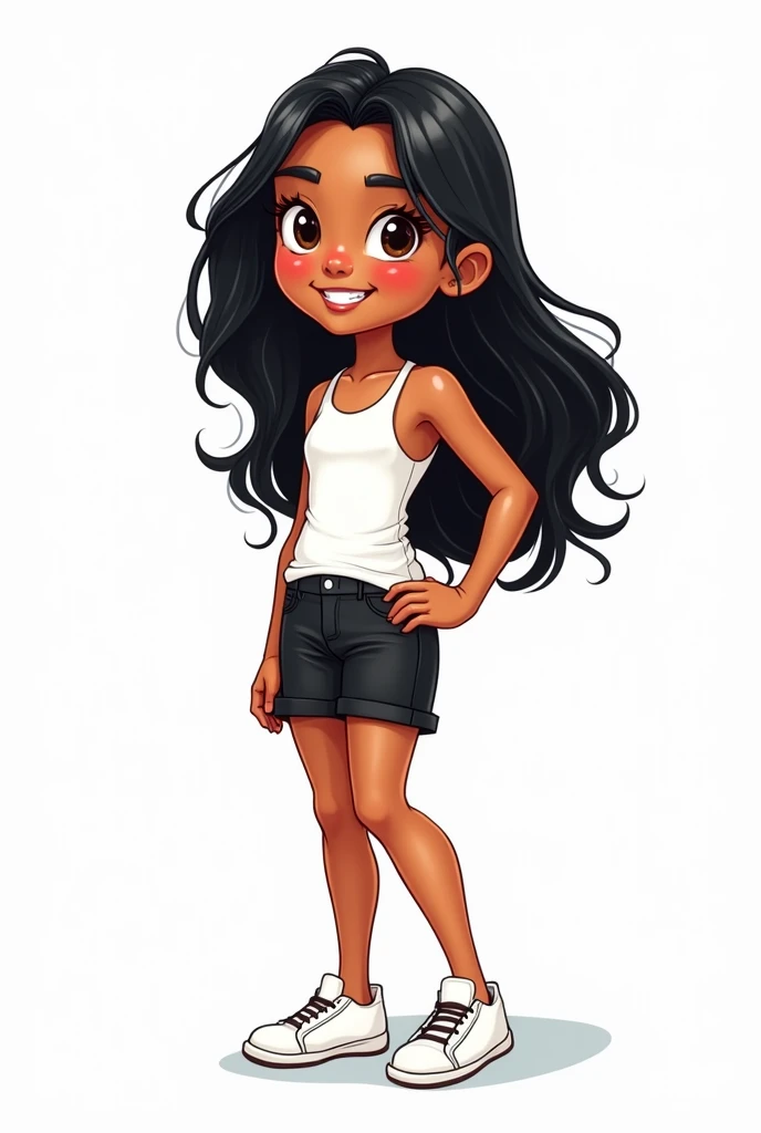 legoman SD, lineart, 1girl, portrait of a woman, llustration of an avatar of an 8 year old Latino girl named lucy with long black beautiful hair ,wearing a white top and black shorts with white sneakers ,plain white background, isolated on white, swimming