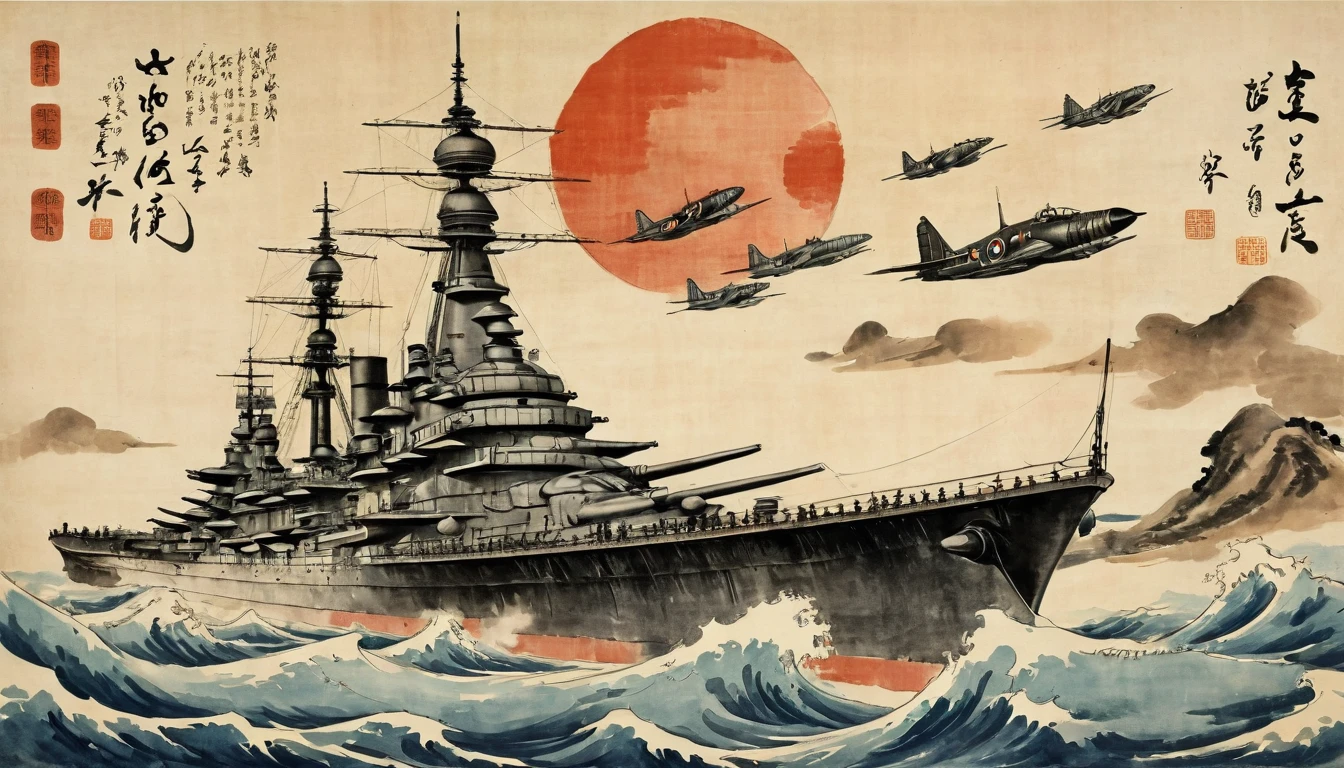 masterpiece,Battleship flying in the sky、Fighter、Japanese paintings drawn with ink and water,(Beautiful gradation created by layering),(Tarashikomi technique),(dynamic)、Ink Painting、Ukiyo-e、Chinese character、Faded、Movie Posters