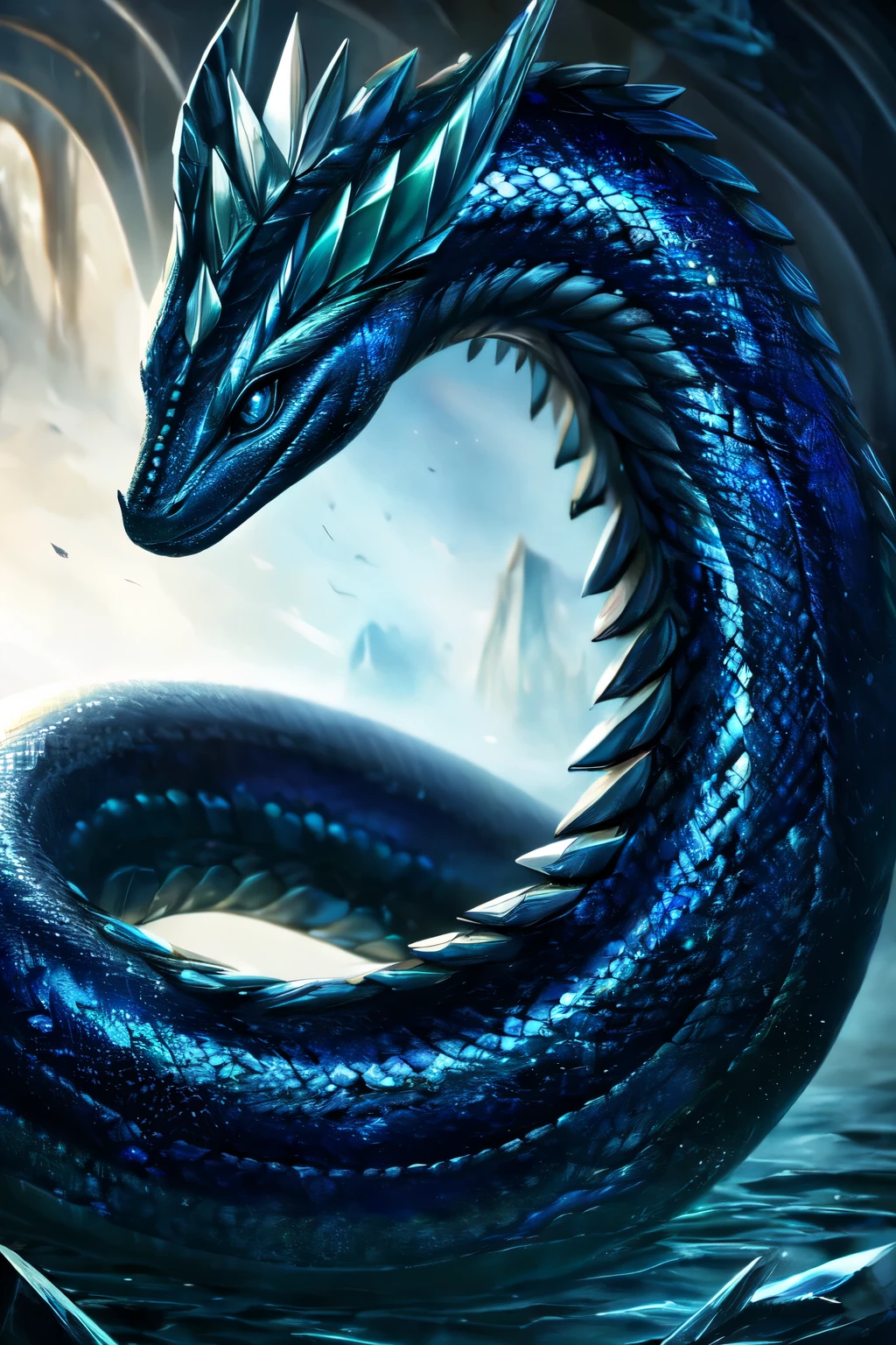 ((best quality)), ((masterpiece)), (detailed), picture of black and blue serpent, photorealistic, Ultra High Quality crystal gem on its forehead, photorealistic image, spike bone horns on the side of its head, spike bone horns on its tail, realistic, forty feet long snake, forty feet long serpent, high quality, dark blue eyes, Surreal art, shimmer, Approaching perfection, , Reflective materials, shadowy, Volumetric lighting, 8K resolution, ultra-detailed, well-proportioned detailed dark blue eyes, exquisitely crafted snake, exquisitely crafted serpent, elegant, beautiful detailed and clear dark blue eyes, wide image view, full-body picture