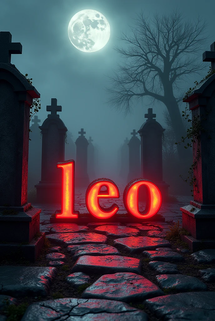 Create a banner of this word (hmx leo) with red color on a stone graveyard 