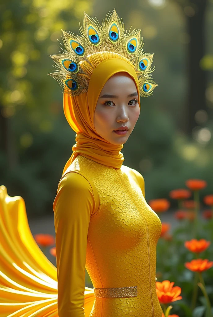 A most beautiful and thin 22 years old Asian chinese girl wears yellow peacock bird Lycra turtleneck unitard catsuit covered with scales with peacock tail.She always wear yellow peacock Lycra dancewear hijab-like hood that has a peacock feathers.She has beautiful cheeks on her face.