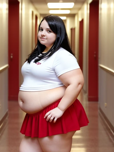 A beautiful young white girl with a very fat belly, long wavy black hair, very chunky legs and arms, in high school hallway, wearing small white shirt and red skirt, round belly, small nose, curvy body, very fat, belly exposed, wearing backpack