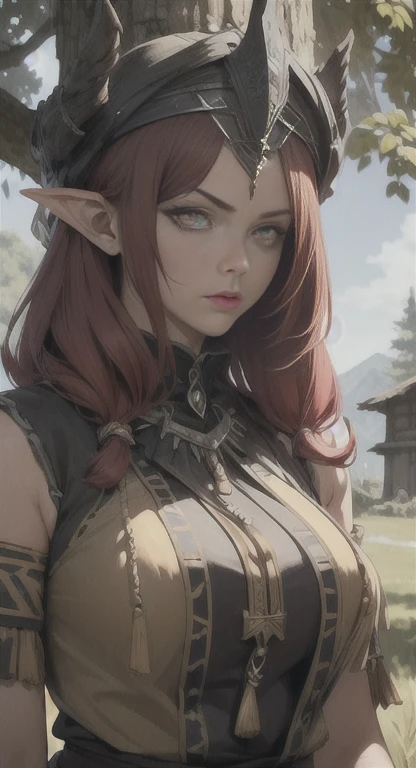 Extremely realistic shading, masterpiece, extremely detailed, photorealistic, red hair, Yellow eyes, Tan skin, Supreme arcane, Rionyx, Sheikah everywhere, Hylia covered in tribal garb, Yggdrasil tribe, glaring at a viewer confused, pointed ears, tree Hut in background,