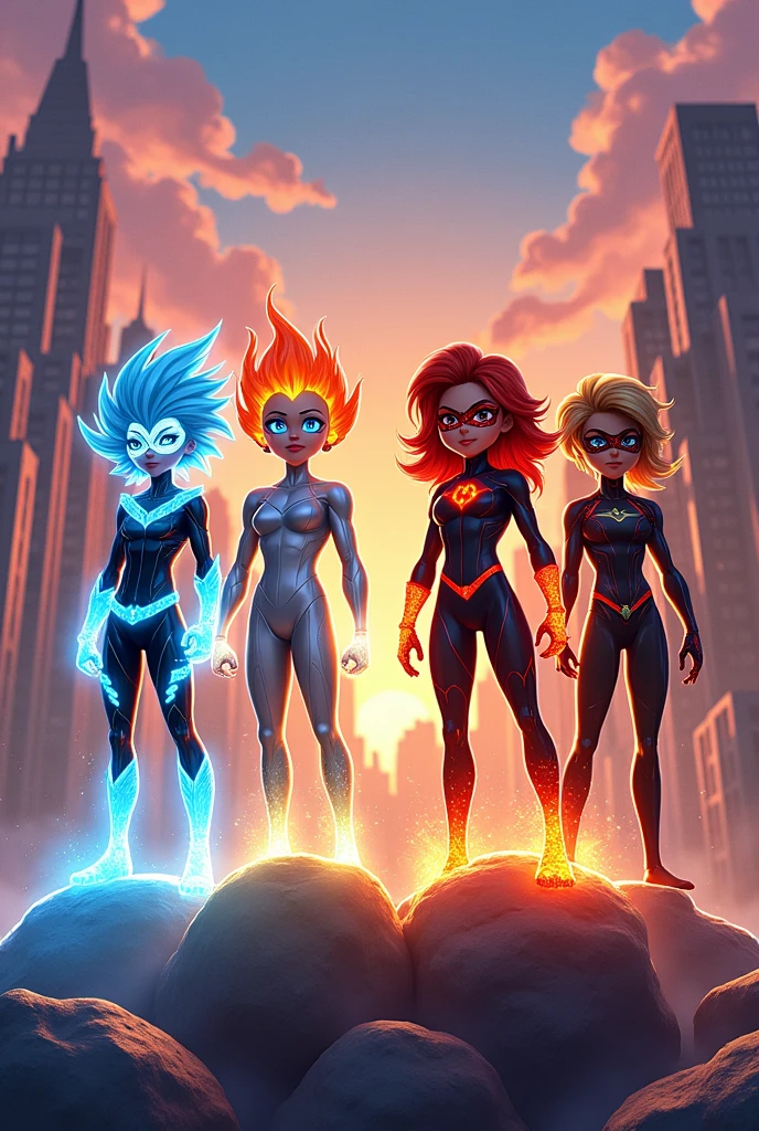 Create 4 superheroes, one of ice, one of fire, one of air, and one of earth, with masks and costumes, drawing style like Ladybug.