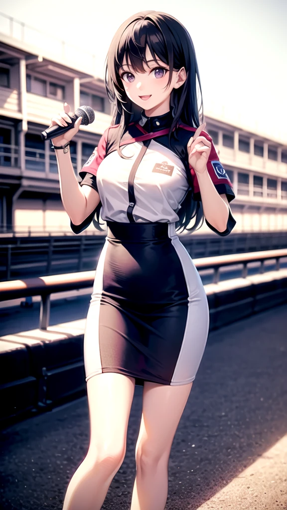 highest quality, A high school girl with long, dark blue hair, Racecourse, Tokyo Racecourse, (beautiful detailed racetrack background),Singing the national anthem at the racetrack,Uniform is white, Purple eyes,smile,live,pose,microphone