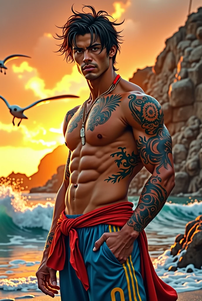 Create a character with the appearance of Ace from One Piece with the appearance of Cristiano Ronaldo