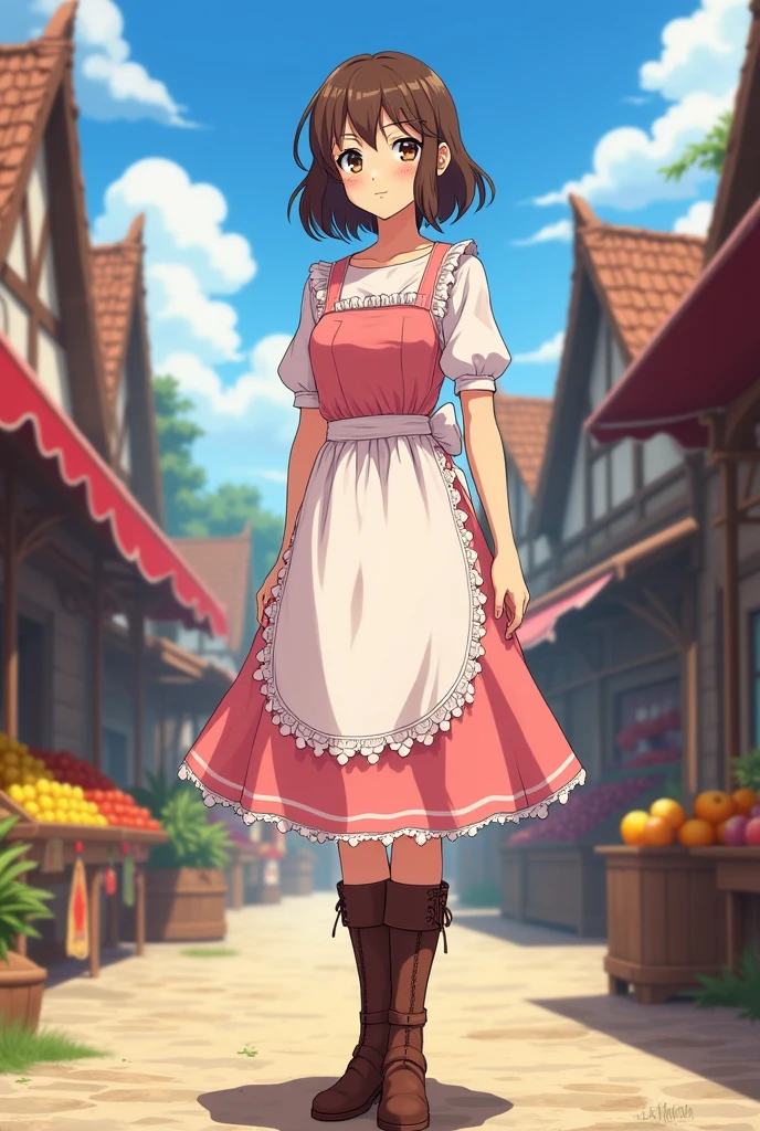 an 18 year old girl with shoulder length brown hair and a mole on her cheek wearing a light pink cherry-colored knee-length dress and knee-high leather boots with an apron over the anime-style medieval-style dress