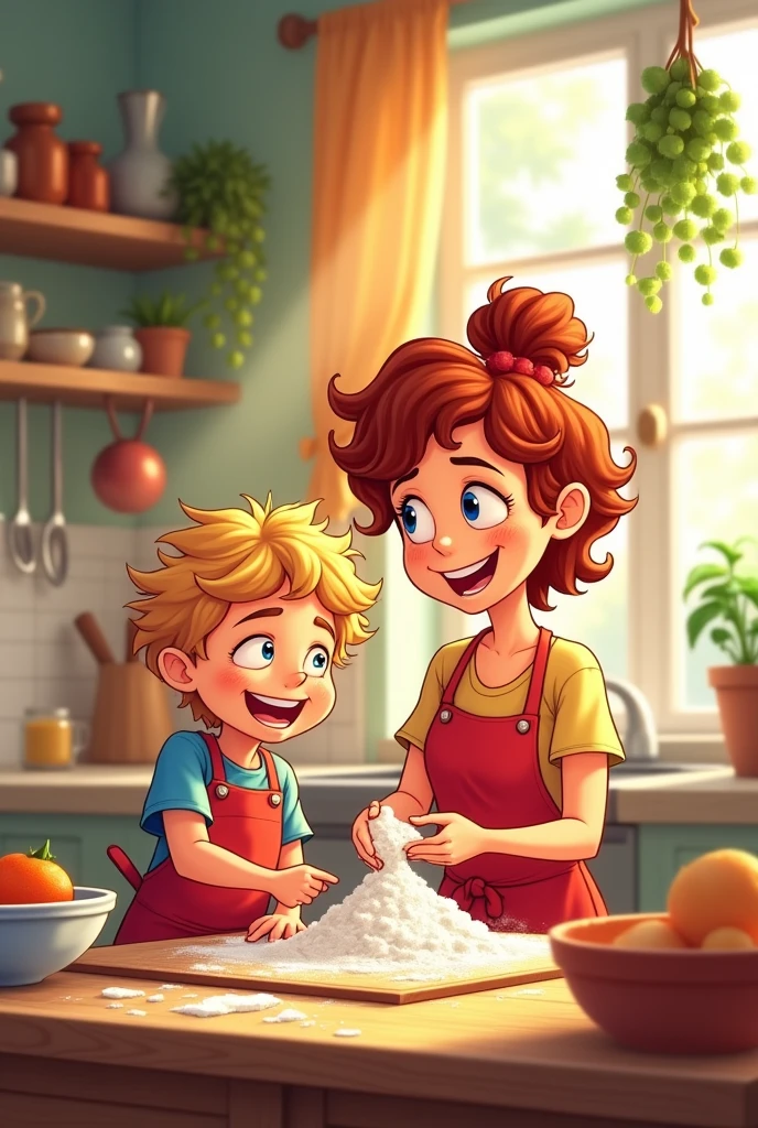 Cartoon of a mother and son cooking