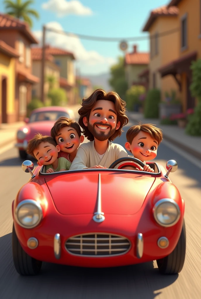 I want an image that has the Disney Pixar style, where Jesus is driving a round car, without hood, with 4 small children in the back seat. He must be driving on a road and behind there is a small town. The image must contain automotive characters with an appearance . Try to make Jesus look less adult, and cuter. The background should be more blurred.. The car must be red