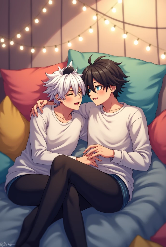 Make two anime boys,one of them with white hair with a black strand that has bangs,The other one with black hair,blue colored eyes,dressed in a white sweatshirt and black leggings on a bed