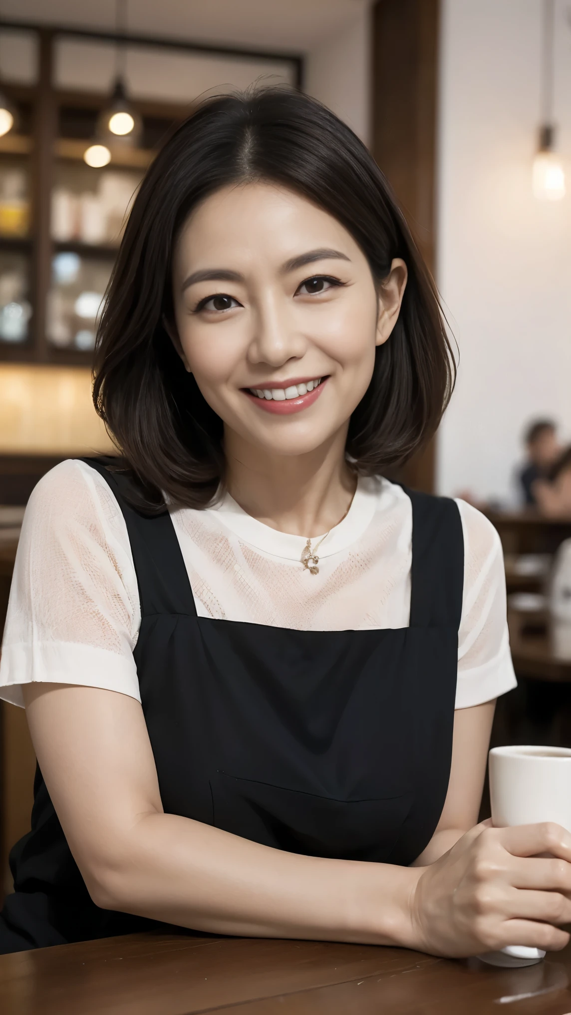 8k wallpaper, masterpiece, Highest quality, Very detailed, One Mature Woman, 50 years old, Become very clear, Wearing a short-sleeved knit, Skin dents, Captivating smile, Looking at the audience, No lapel microphone, Plump, Curvaceous, Attractive face, Smiling with teeth showing, I was happy, sitting in a cafe, Background Blur