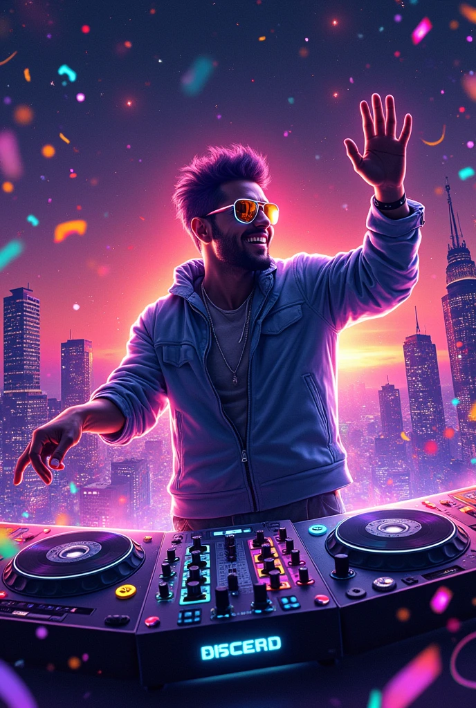 Young, big, strong DJ in black clothes and big colorful glasses playing music with a favela in the background