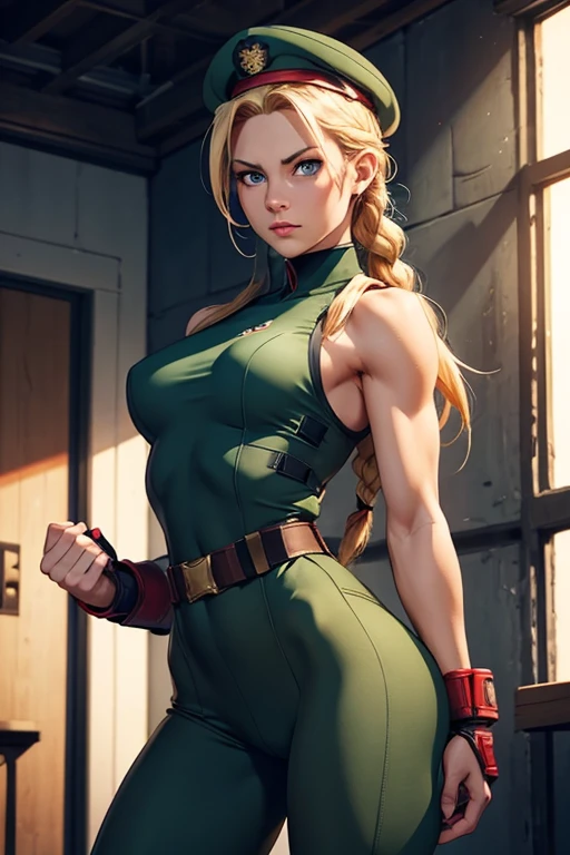 Cammy de Street fighter, sexy military style clothing, Green beret, nationality England, United Kingdom, Height 164 cm, Weight 46 kg, blue eyes/greens, blond hair, hair styled in a braid, Bust measurements 86 cm, waist 57 cm, hips 88 cm,  Fighting style Shadaloo fighting techniques (Cammy Shadaloo), Delta Red training for self defense, (masterpiece), cinema quality, realistic photography, ultra high definition,