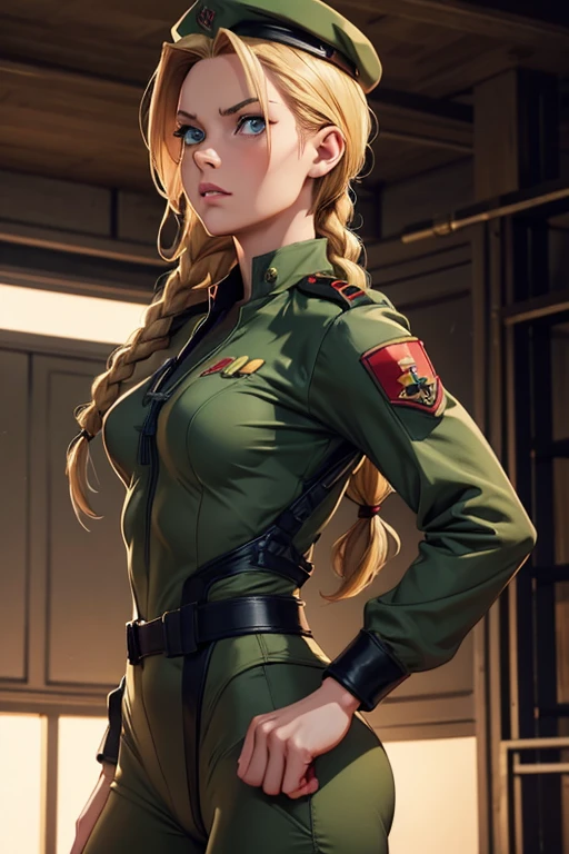 Cammy de Street fighter, sexy military style clothing, Green beret, nationality England, United Kingdom, Height 164 cm, Weight 46 kg, blue eyes/greens, blond hair, hair styled in a braid, Bust measurements 86 cm, waist 57 cm, hips 88 cm, Fighting style Shadaloo fighting techniques (Cammy Shadaloo), Delta Red training for self defense, (masterpiece), cinema quality, realistic photography, ultra high definition,