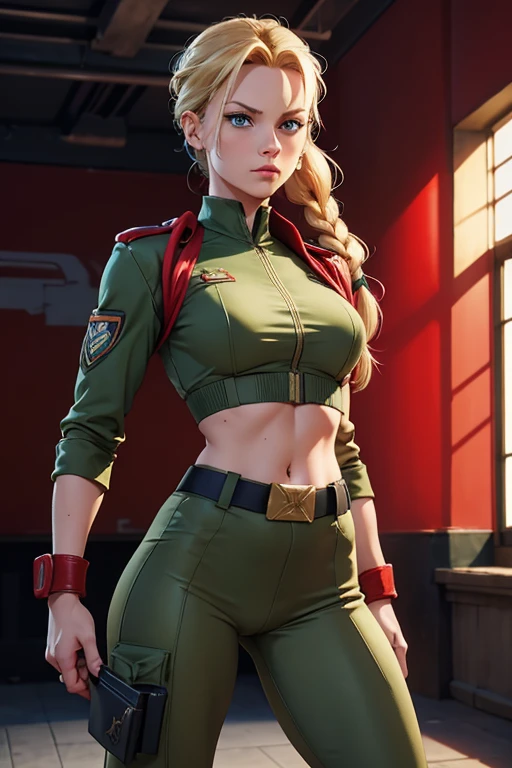 Cammy de Street fighter, sexy military style clothing, Green beret, nationality England, United Kingdom, Height 164 cm, Weight 46 kg, blue eyes/greens, blond hair, hair styled in a braid, Bust measurements 86 cm, waist 57 cm, hips 88 cm,  Fighting style Shadaloo fighting techniques (Cammy Shadaloo), Delta Red training for self defense, (masterpiece), cinema quality, realistic photography, ultra high definition,