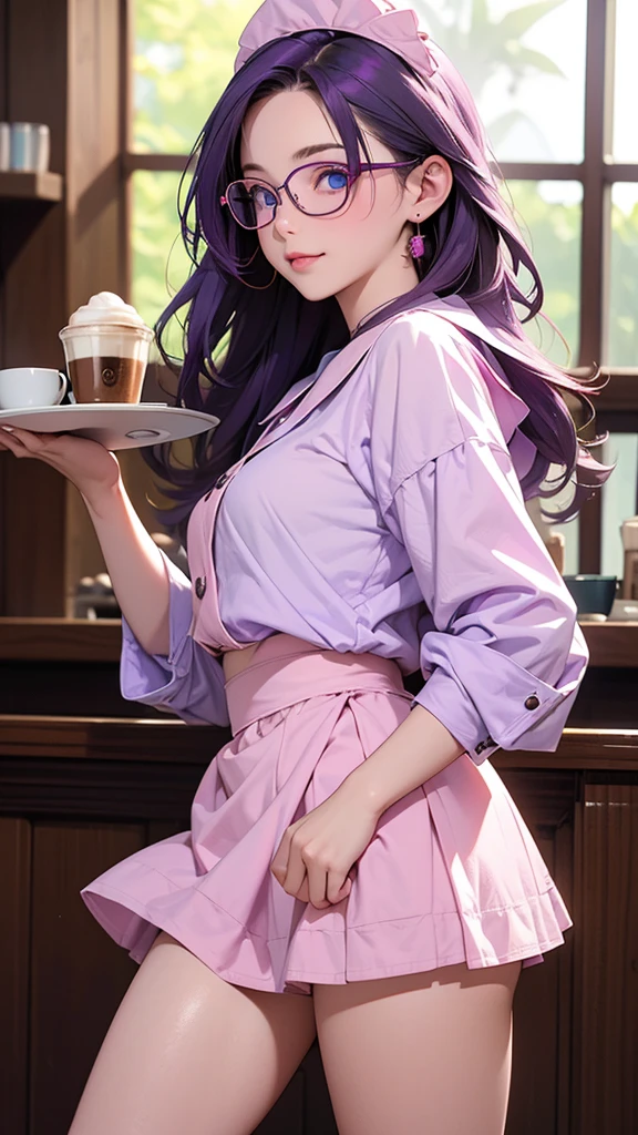 One Girl(High resolution, masterpiece, accurate, Anatomically correct), ((Wearing glasses、A happy look、holding a tray with coffee.))、(Purple hair with the ends dyed,、Light blue eyes)、(Pink maid outfit、mini skirt)((Inside a coffee shop))Highest quality, Ultra high definition, High-resolution model, Composition from below