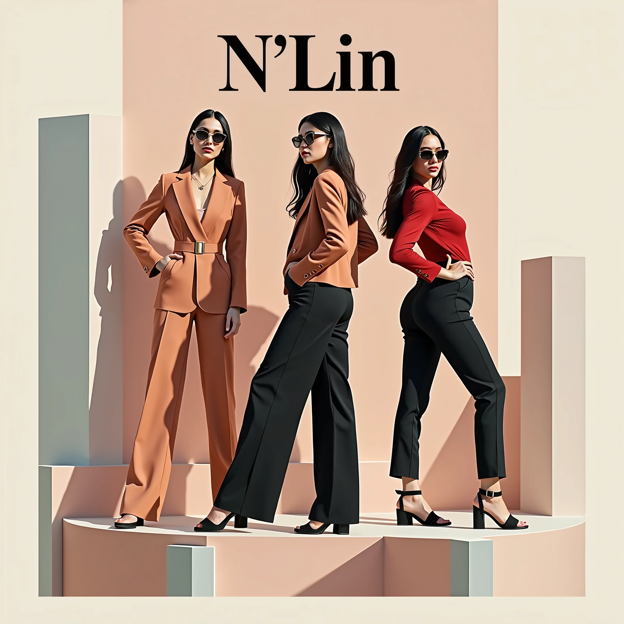 Create a fashion poster for the brand N'Lin, showcasing its chic and trendy style. The poster should appeal to young women aged 25-30, highlighting the brand's focus on fashionable and contemporary designs. Use a sleek and modern aesthetic with high-quality visuals that exude sophistication and style. Incorporate elements like bold typography, elegant models, and a clean layout that reflects the brand's identity as a leader in high-end fashion for young, stylish women. The overall design should convey a sense of exclusivity, confidence, and cutting-edge fashion.
