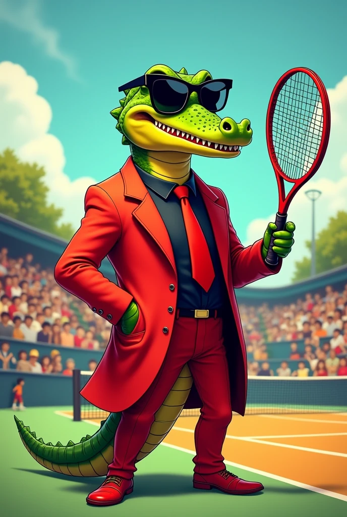 Cartoon crocodile dressed like Jim Cornette, carrying a tennis racket, wearing glasses, a red suit, with a red overcoat, a black shirt, and red tie