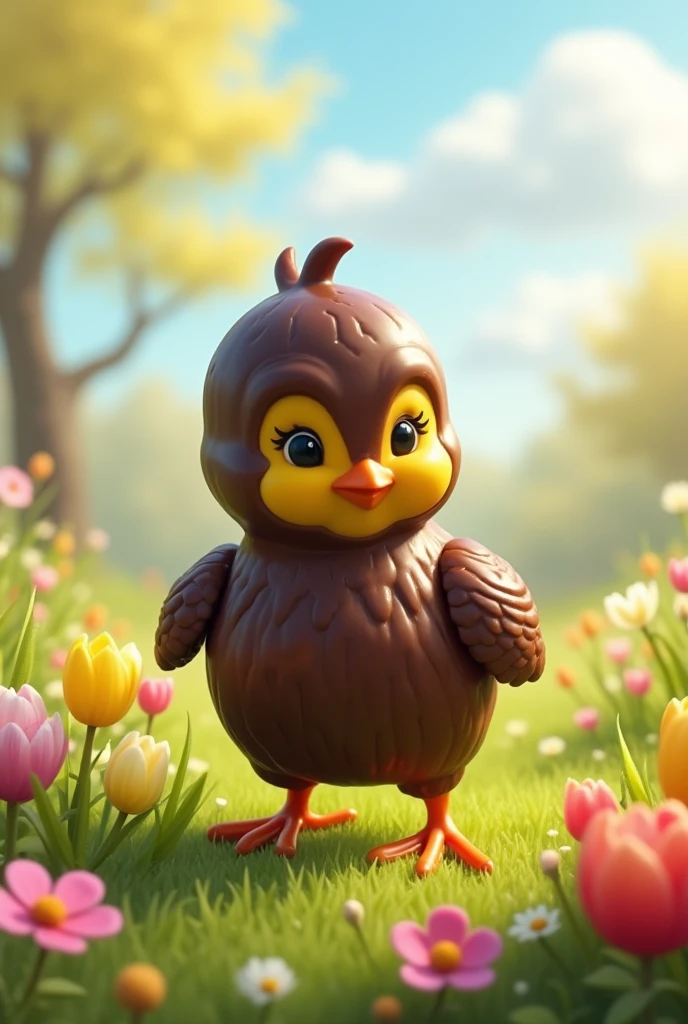 A little chick covered in chocolate from head to toe
