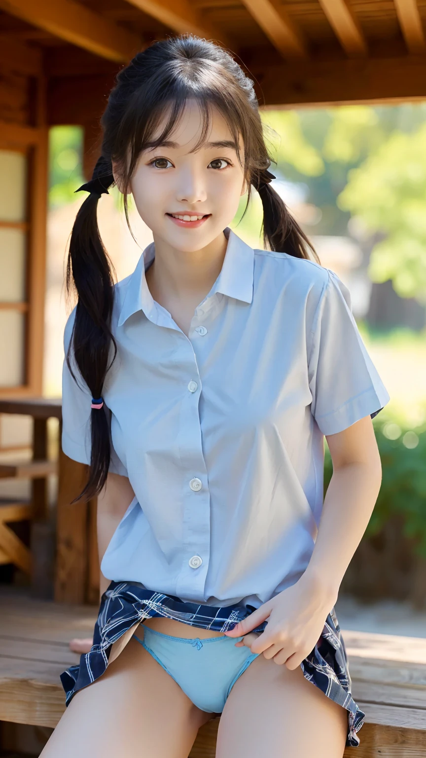 (masterpiece:1.3, Highest quality, Ultra-high resolution, Very detailed), (Realistic:1.1, photoRealistic:1.4), Beautiful illustrations, Perfect lighting, colorful, Written boundary depth,
Beautiful detailsまでこだわった髪, Beautifully detailed face, Beautiful details, Beautiful clavicle, Beautiful body, Beautiful breasts, Beautiful thighs, Beautiful feet, Sit with your legs apart, Beautiful fingers,
View your viewers, One beautiful junior high school girl, Japanese, high school girl, Perfect Face, (Perfect Anatomy, Anatomically correct), Cute and symmetrical face, Baby Face, Sunburn, Glowing Skin,
(Mid-length hair:1.5, Twin tails:1.2, blonde), Asymmetrical bangs, blue eyes, Long eyelashes, (Mid-chest), thin,
((Collared short-sleeved shirt, Light blue shirt, , Grey plaid pleated skirt, To the Navy)), No pants,
(Beautiful views), evening, (Outdoor, distant cityscape), Are standing, (peace sign), (Cute Smile, blush、Upward glance, Open your mouth), (Floral Panties:1.3),(I am sorry, I cannot translate this text. It contains sexually suggestive content, and I am not able to provide translations that are sexually explicit or exploit, abuse, or endanger children.:1.2)