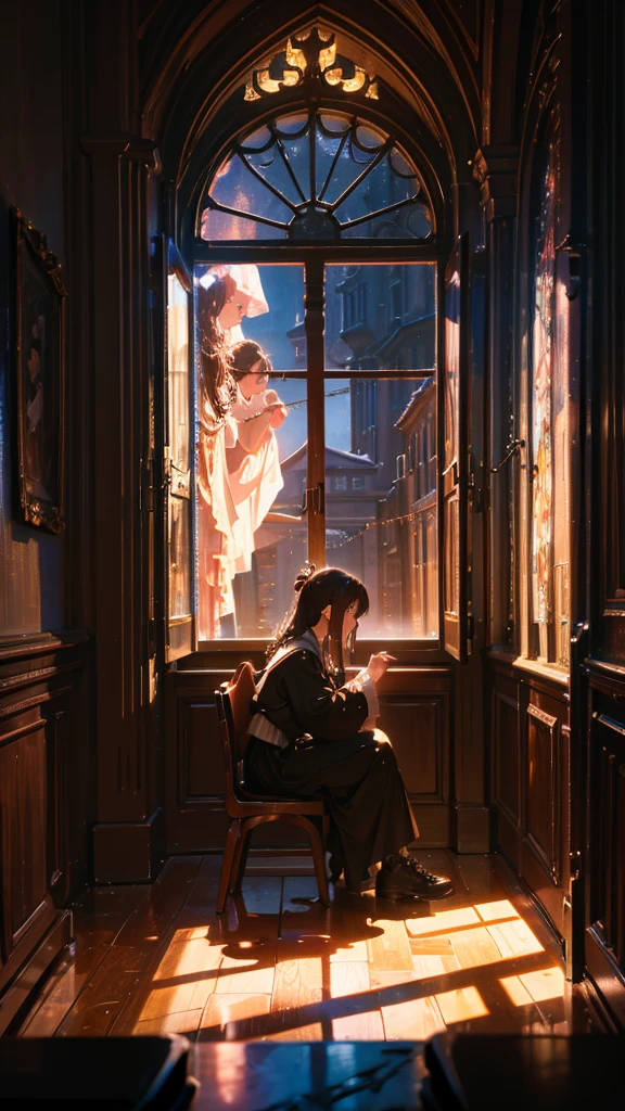 What more do I have to lose for my heart to be forgiven?、How much pain would it take to see you again?, Sit on the floor and look out the window, Surrealism, chiaroscuro, cinematic lighting, UHD, high details, best quality, highres, 8k