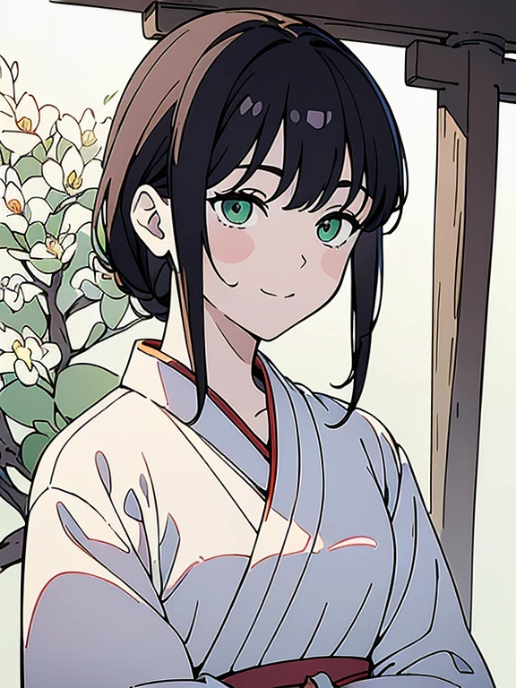((((masterpiece, Best Quality, Ultra-high resolution、Best illustrations))))、(White Background)、Portraits、anime、A highly concentrated individual、(Very delicate and cute face)、(Sparkling Eyes)、A beautiful 18-year-old shrine maiden girl stands alone、smile、Red cheeks、Medium length black hair、Clean green eyes、Long red hakama、Knee-high boots、He is wearing a wooden sword at his waist.、Standing diagonally facing forward、(((Eyes and face facing the same direction)))、(((In-person audience)))、(((Focus on the face)))、((Perfect hands))、