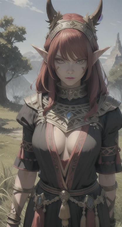 Extremely realistic shading, masterpiece, extremely detailed, photorealistic, red hair, Yellow eyes, Tan skin, Supreme arcane, Hylia, Sheikah everywhere, Hylia covered in tribal garb, Yggdrasil tribe, glaring at a viewer confused, pointed ears, tree Hut in background,