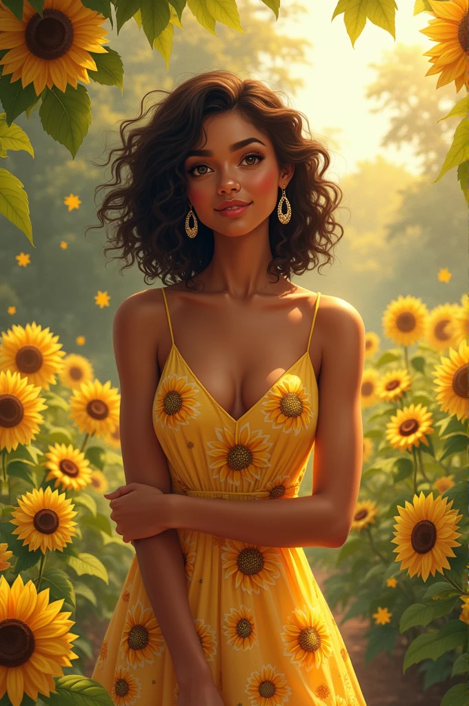 The person is a 40-year-old woman, skin not too light but not as dark as cinnamon skin, black hair not so long but not short either, wavy fur, She is not fat but not skinny either, She is chubby and loves coffee and sunflowers., You can do it with a representative dress and some earrings. 