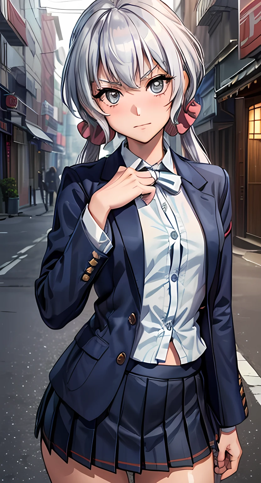 (Official Art、Highest quality、Unity 8k wallpaper、32K、 masterpiece、Ultra-detailed)、Beautiful face and eyes in every detail,Cowboy Shot,(Focus 1 Female,alone),25 year old beauty、Japanese、((Small head:1.5, Ideal body proportions:1.4)), (Silver Hair,Twin tails,Blunt bangs),Laughter,((skinny:1.2,Slender body:1.3,Small breasts:1.2)),(((Dark Blue Blazer:1.5、White shirt、Pleated navy mini skirt:1.2)))、Combat Boots、(taisho steampunk:1.3、The Taisho Period in Japan:1.3,On the street),