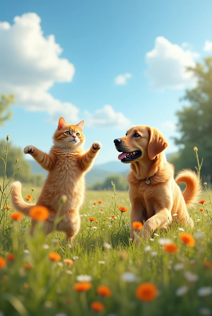 Cat dancing with dog in beautiful nature scenery background