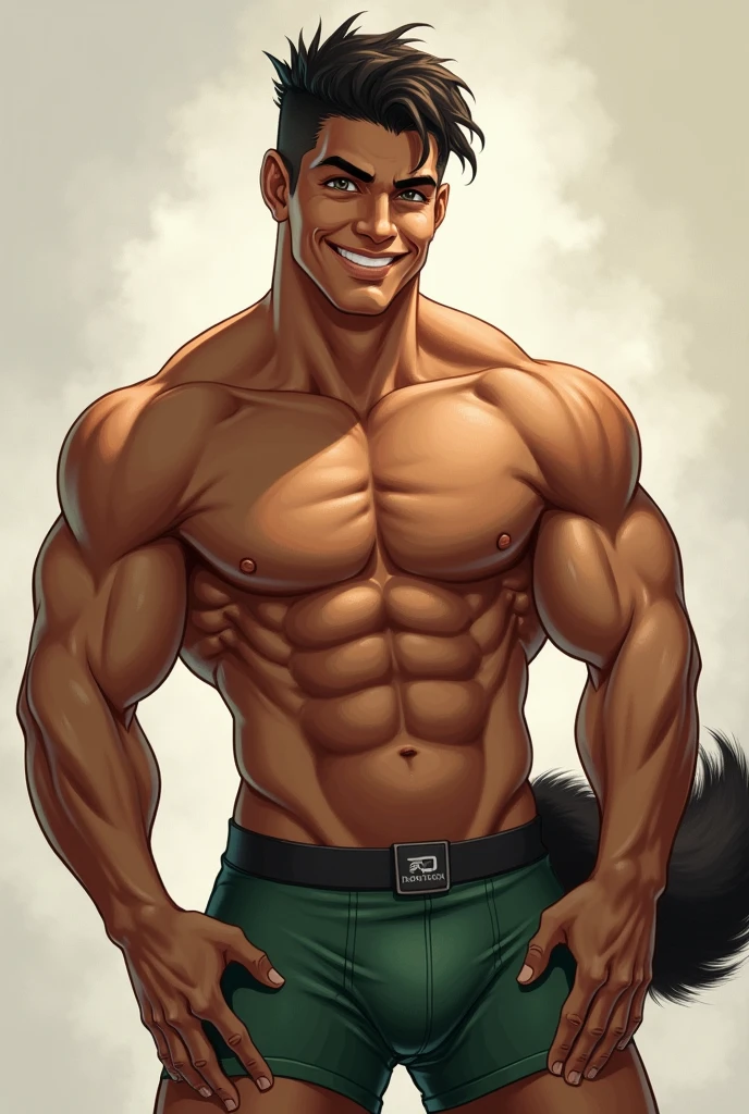 leo alvarez, muscular, bara, wolf tail, tail, (posing:1.3), (soft shading), 4k, hi res, five fingers, detailed hands, ((detailed face, (detailed eyes:1.0), detailed)), by zackarry911, by zaush, (by personalami:0.5), solo, looking at viewer, smile, 1boy, underwear, ass, male focus, sweat, looking back, pants, username, from behind, back, undressing, topless male, male underwear, pants pull, green pants, boxers