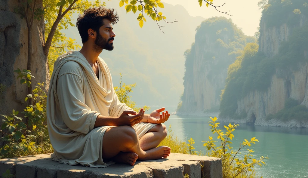 A male stoic philosopher with a well-proportioned and attractive physique, not excessively muscular. He is wearing classic tunics, slightly transparent, that gently drape over his body, subtly revealing parts of his shoulder, with a very short and well-groomed beard, and wavy, well-stylized hair. He is sitting cross-legged on a stone platform in a contemplative pose, eyes closed as if meditating on the nature of control and inner peace. His expression is calm and focused, reflecting deep philosophical thought. The scene is set in a vibrant, impressionist landscape with rich colors and dynamic brushstrokes, creating a sense of movement and emotion. The background has a subtle texture that adds depth but complements the text without overpowering it.