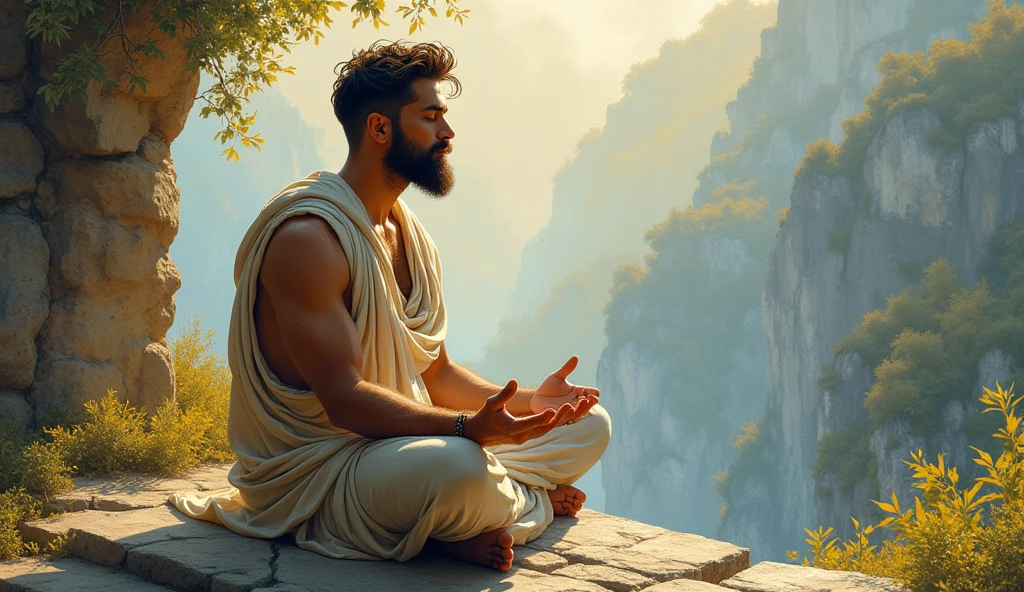 A male stoic philosopher with a well-proportioned and attractive physique, not excessively muscular. He is wearing classic tunics, slightly transparent, that gently drape over his body, subtly revealing parts of his shoulder, with a very short and well-groomed beard, and wavy, well-stylized hair. He is sitting cross-legged on a stone platform in a contemplative pose, eyes closed as if meditating on the nature of control and inner peace. His expression is calm and focused, reflecting deep philosophical thought. The scene is set in a vibrant, impressionist landscape with rich colors and dynamic brushstrokes, creating a sense of movement and emotion. The background has a subtle texture that adds depth but complements the text without overpowering it.