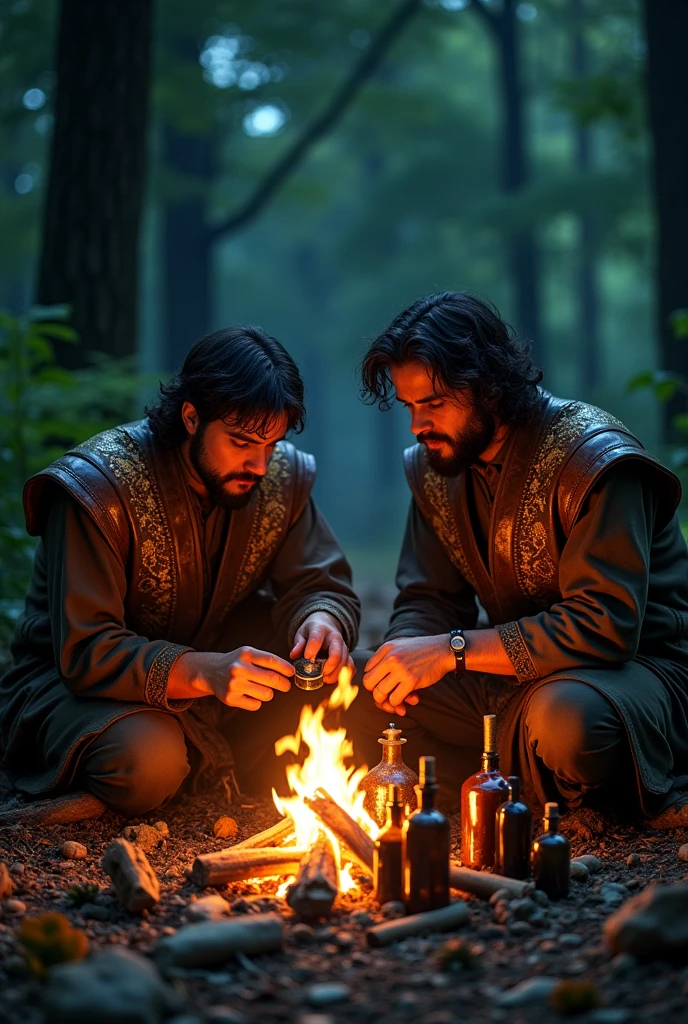 twin brothers, Ladinos in the medieval era, preparing poison potions sitting by a bonfire in the middle of the woods