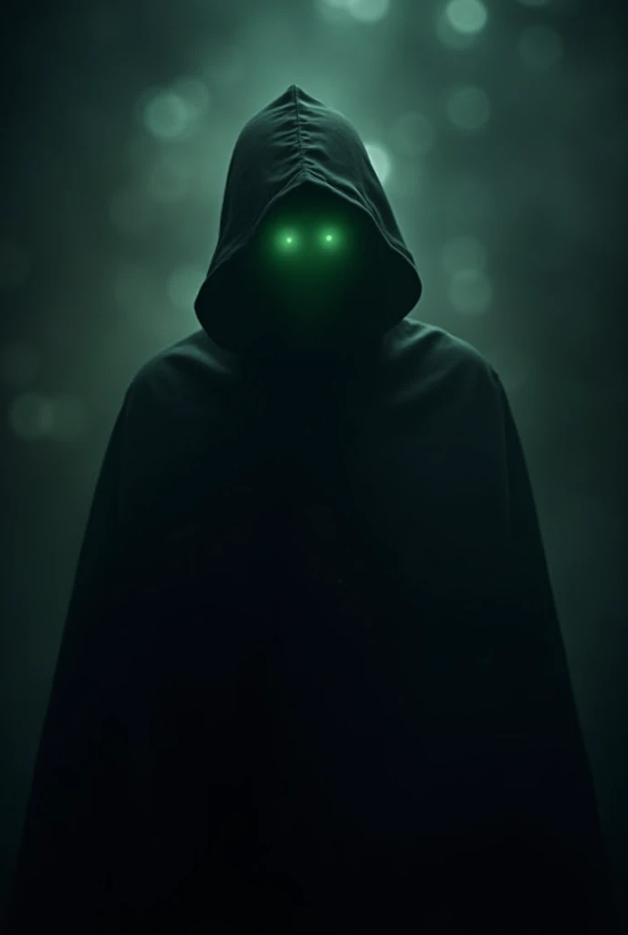 A dark, mysterious image featuring a hooded figure with their face partially obscured by shadows. The figure should have a subtle green glow effect, creating an atmosphere of intrigue and secrecy. The background is dark with some bokeh effects, adding to the overall eerie and enigmatic vibe. The image should not include any text, labels, or graphic elements like bars.