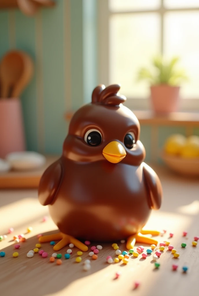 A little chick covered in chocolate from head to toe