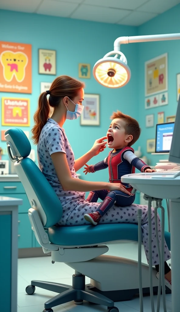 Give me a photo in which a lady nurse is treating Antman's teeth and he is screaming in