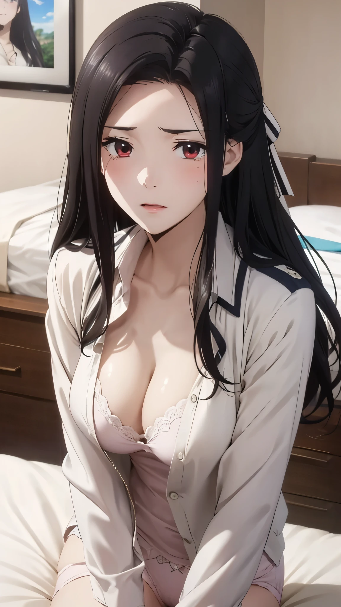 1 personの, alone, masterpiece, Highest quality, The Irregular at Magic High School,Mayumi Saegusa、Mayumi Saegusa、Moderate breasts、Red Eye, eyelash, Black Hair, Long Hair, Back ribbon, High School Uniform, White dress shirt, Collared dress, Jacket, (緑のJacket:1.7), cropped Jacket, open Jacket, Long sleeve,, (masterpiece: 1.3), (Maximum resolution: 1.2), (Ultra HD TV: 1.2), Cinematic Light, 8k resolution, Detailed facial features , (Sharp focus: 1.2), (Focus on the face:1.2),Perfect Style, Beautiful Face, Acura, Anatomically correct, Highly detailed face and skin texture, Beautiful Eyes,Beautiful Eyes, Thin eyebrows, Natural Cheeks, Glowing Skin, Fair skin: 1.2, (Glossy Lips: 1.4),、 (Embarrassed look: 1.2),Highly detailed face and skin texture, Natural Cheeks, , Glossy Lips: 1.4,Perfect Style、Cleavage、Soft Breasts、(Semen on chest:1.6)(Cum on thighs 1.5)、 Sperm on tongue、Drenched in sweat、Wet clothes、blush、A humiliating look、Anxious expression、Frightened expression、Embarrassed look、Glare、anger、sorrow、tears、(Open your knees:1.5)、(Open your crotch to show your panties:1.8)、 White underwear、Disheveled clothes、sweating、Thin underwear、18-year-old、 clear, A clean-cut woman,1 person、 Upward-facing chest, Black Hair、Beautiful Eyes、Torn clothing、Blowjob gestures、Masturbation gestures、At the bed、(仰向けにAt the bedLying down、Lying down、White sheets:1.7)、avert your eyes、