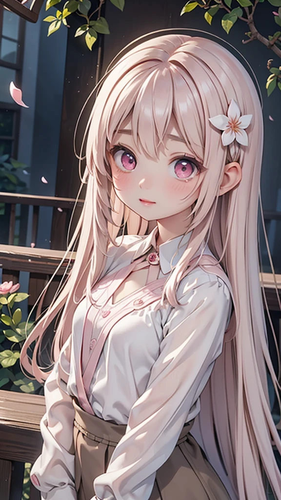 a small fairy with the characteristics of a young Asian woman。she has transparent, delicate wings on her back。Large, dark pink eyes、Light pink medium length hair with a flower petal hair ornament。She wears glasses、balanced figure。The chest is large。her face is slightly flushed、a shy and reserved expression。a hesitant gesture、her wings tremble slightly。the background is a garden bathed in soft light。overall a soft and fantastical digital art style。