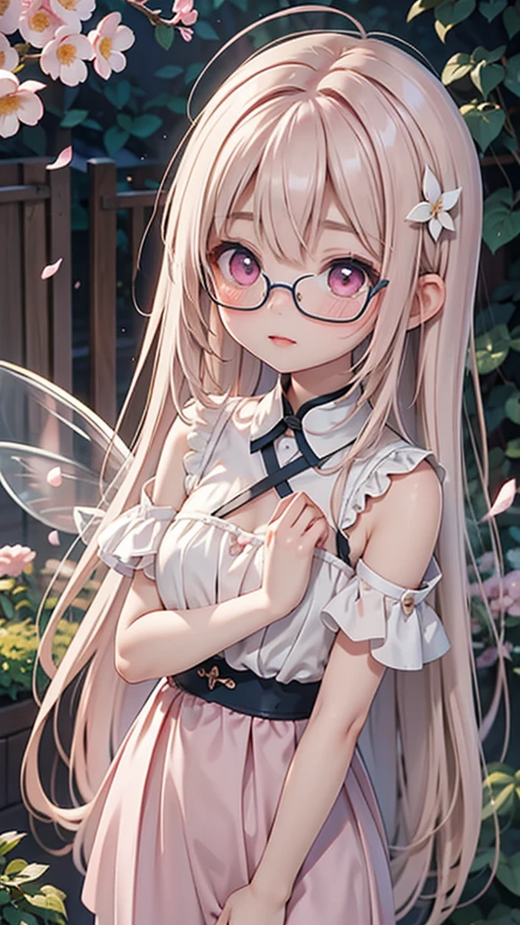 a small fairy with the characteristics of a young Asian woman。she has transparent, delicate wings on her back。Large, dark pink eyes、Light pink medium length hair with a flower petal hair ornament。She wears glasses、balanced figure。The chest is large。her face is slightly flushed、a shy and reserved expression。a hesitant gesture、her wings tremble slightly。the background is a garden bathed in soft light。overall a soft and fantastical digital art style。