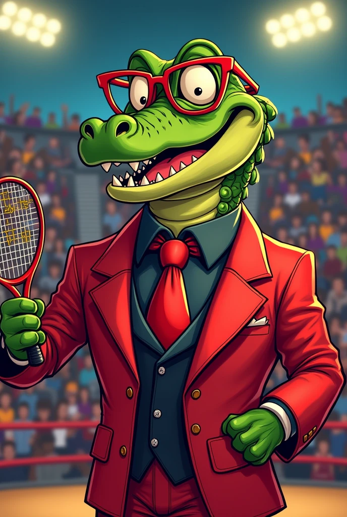 Cartoon crocodile dressed like Jim Cornette, carrying a tennis racket, wearing eyeglasses, a red suit, with a red overcoat, a black shirt, and red tie