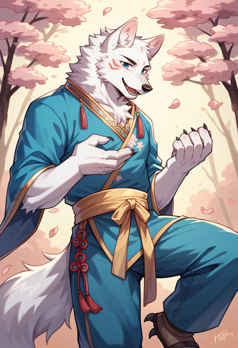 Furry，white fur，male people，teenage，canid，white wolf，solo person，sharp talons，stand，white-skinned， blue eyes，Fluffy tail，Chinese ，naive，happy，blue， Peach blossom tree，son of a rich family，ancient costume，tops，pants，thin body shape，Less shadows，reach out，elegant，ultra - detailed：1.0
