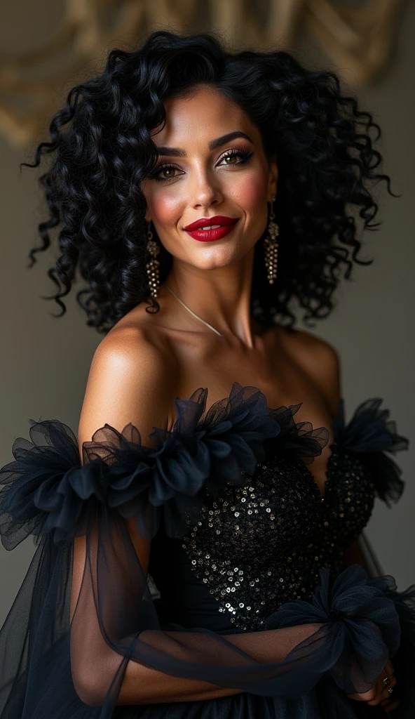 (mature woman:1.1), black curly hair, red lipstick, (fuffy short dress with sequins:1.4), earrings, ((masterpiece)), (high quality), (best quality), (detailed), hd, perfect lighting, detailed face, detailed body, goth, gothic.