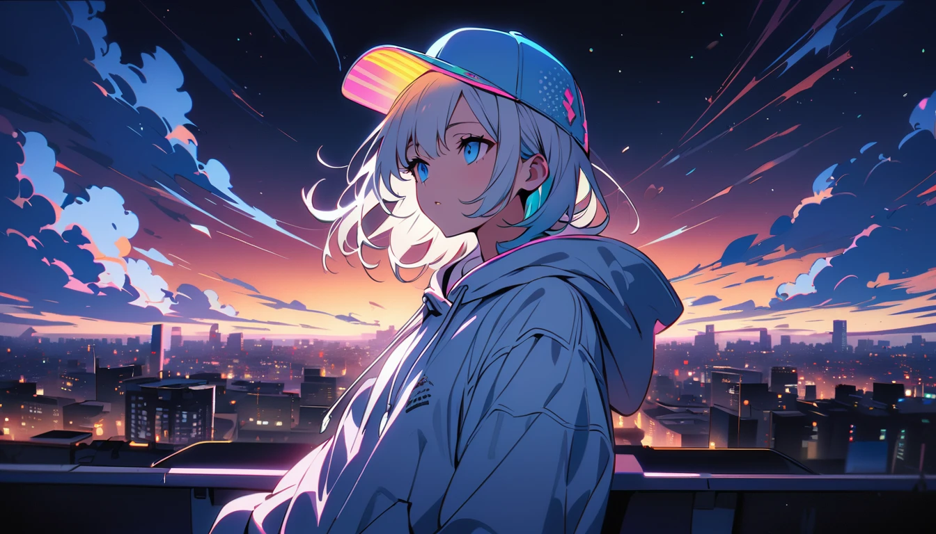 HD 8K Handsome cute, Solitary, 1 female, Medium Length Hair, white hair, Rainbow hair, blue Eyes, Rainbow headphone, Futuristic, panoramic, in the night, looking away, white hoodie, Trucker Hat, hip-hop style hooded jacket, Human focus, outdoor, White clouds, graffiti Popularity spray art wall Neon panoramic,