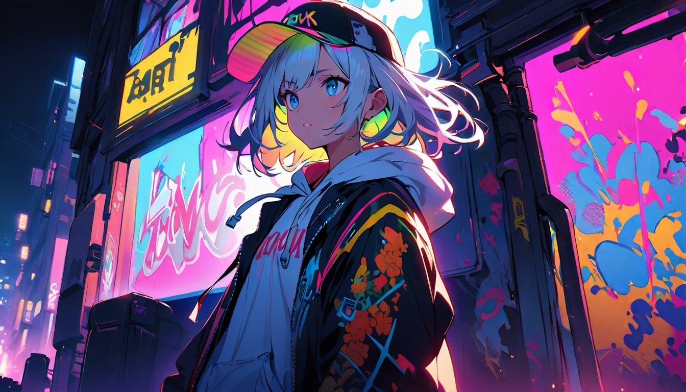HD 8K Handsome cute, Solitary, 1 female, Medium Length Hair, white hair, Rainbow hair, blue Eyes, Rainbow headphone, Futuristic, panoramic, in the night, looking away, white hoodie, Trucker Hat, hip-hop style hooded jacket, Human focus, outdoor, White clouds, graffiti Popularity spray art wall Neon panoramic,