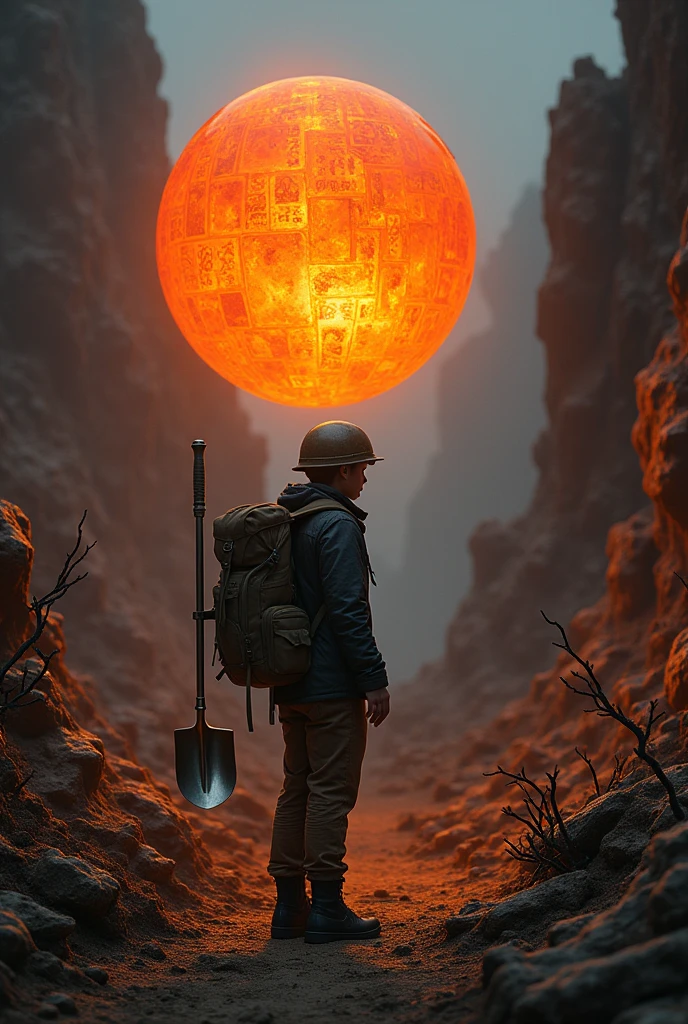 In photorealistic style create a with brown pants heavy duty black jacket military helmet ,Big heavy camping backpack with silver shiny shovel strap on the backpack don't show hus face because he is looking at the big floating orange crystal with strange rune languages the background is dark and desolate wasteland full of black vine that glow bright orange color