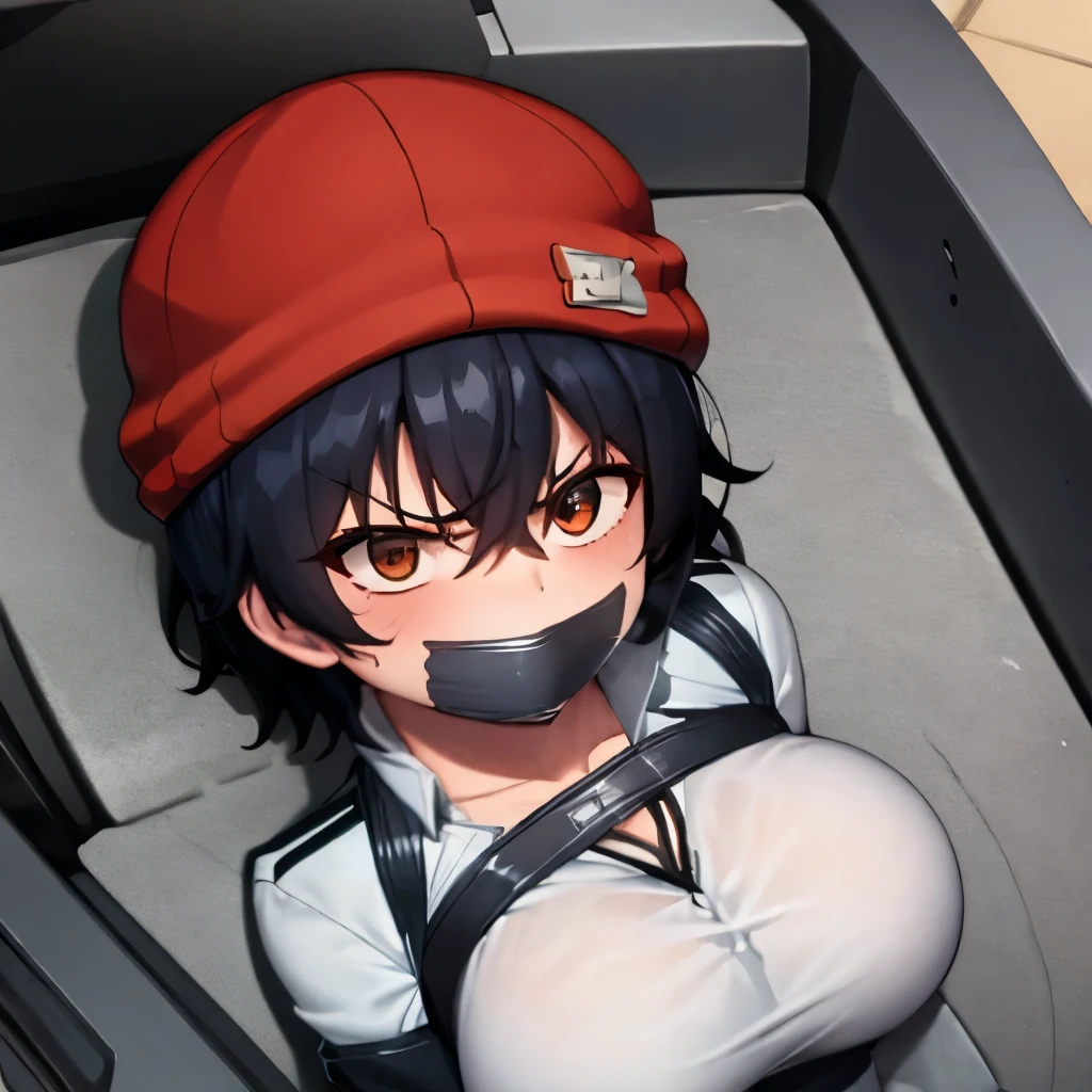 best quality, (masterpiece:1.2), highly detailed,

1girl, solo, 
Izumo Fuuko
tomboy
beanie, red headwear, black crop top, black hair, short hair,hair between eyes, brown, angry, nervous, looking at the viewer, mouth gagged, mouth taped, 
huge breasts, wrists taped, arms taped, arms behind back, tigh highs, cowboy shot, top down view, laying in the car trunk