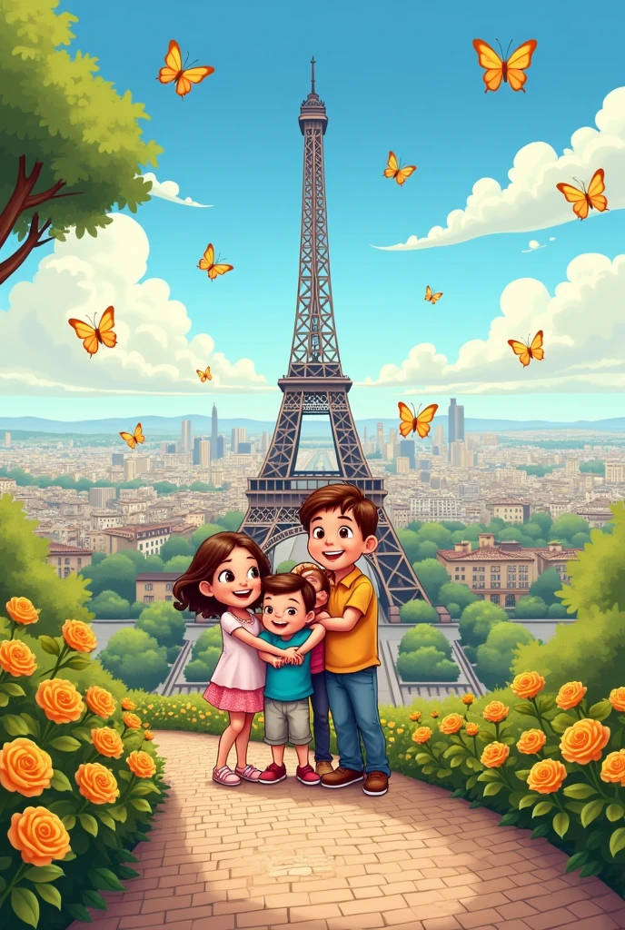 Create a cartoon with a family on top of the Eiffel Tower., with butterflies , a path with yellow roses