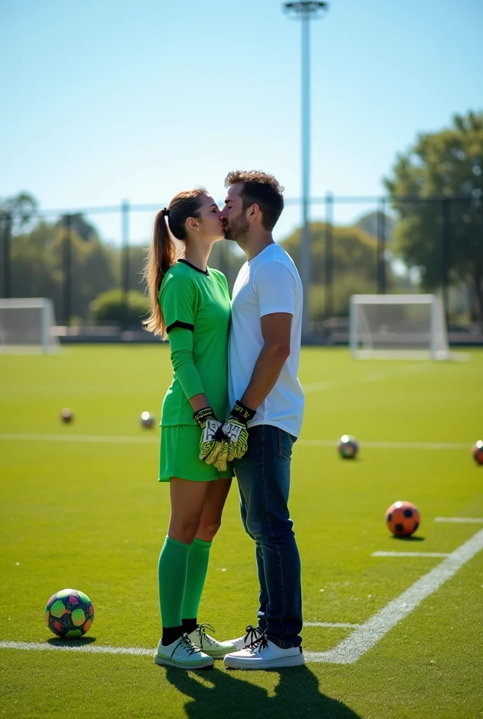 Female Soccer Goalkeeper with Gloves Kissing a Normal Man on the Lips Wearing a Shirt and Pants