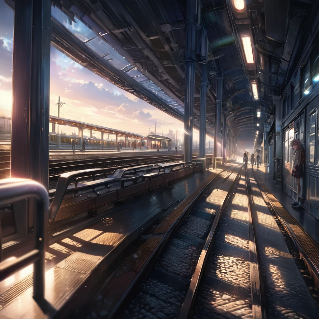 a school girl in north uji high school uniform waiting for train at keihan railway rokujizo station platform, evening, detailed realistic illustration, cinematic lighting, vibrant colors, intricate details, masterpiece,  8k, hyper detailed, dramatic lighting, sweeping perspective, natural environment, train station, atmospheric, moody, atmospheric, cinematic, hyperdetailed,  stunning, sharp focus, extremely detailed, elegant, beautiful, elegant, charming, lovely, beautiful detailed eyes, beautiful detailed lips, extremely detailed eyes and face, long eyelashes, soft lighting, beautiful background, beautiful scenery, realistic, hyper realistic, highly detailed, extremely detailed, award winning, kyoto animation, intricate details